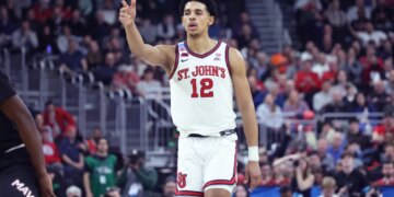 St. John's Red Storm guard RJ Luis Jr. reacting after a 3-point shot.