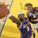 Jared Vanderbilt of the Lakers reaching for a basketball as Jonathan Kuminga of the Warriors defends.