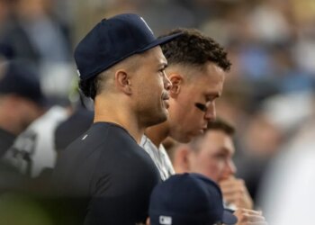 Yankees Giancarlo Stanton in the dugout during the fifth inning against the Toronto Blue Jays at Yankee Stadium, Wednesday, May 20, 2026, in Bronx, NY.