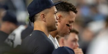 Yankees Giancarlo Stanton in the dugout during the fifth inning against the Toronto Blue Jays at Yankee Stadium, Wednesday, May 20, 2026, in Bronx, NY.
