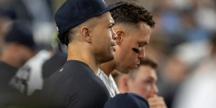 Yankees Giancarlo Stanton in the dugout during the fifth inning against the Toronto Blue Jays at Yankee Stadium, Wednesday, May 20, 2026, in Bronx, NY.