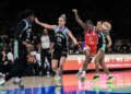 Leonie Fiebich (13) defends Marta Suarez (right) during the Liberty's 84-74 win over the Mercury on May 27, 2026 at Barclays Center.