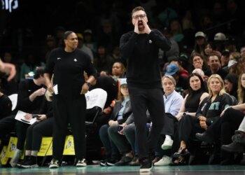 New York Liberty head coach Chris DeMarco yells during the first half of a preseason WNBA game against the Indiana Fever at the Barclays Center in Brooklyn, N.Y. on Saturday, April 25, 2026.