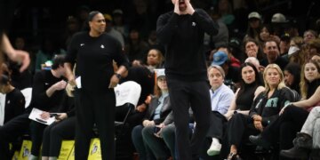 New York Liberty head coach Chris DeMarco yells during the first half of a preseason WNBA game against the Indiana Fever at the Barclays Center in Brooklyn, N.Y. on Saturday, April 25, 2026.