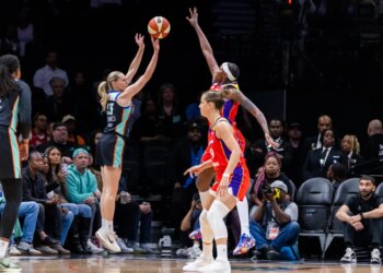 Marine Johannès, who scored a teamp-high 21 points, shoots a 3-pointer during the Liberty's 84-74 win over the Mercury on May 27, 2026 at Barclays Center.