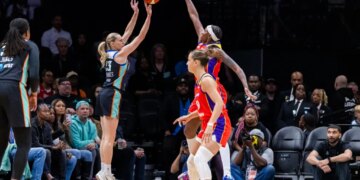 Marine Johannès, who scored a teamp-high 21 points, shoots a 3-pointer during the Liberty's 84-74 win over the Mercury on May 27, 2026 at Barclays Center.