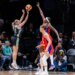 Marine Johannès, who scored a teamp-high 21 points, shoots a 3-pointer during the Liberty's 84-74 win over the Mercury on May 27, 2026 at Barclays Center.