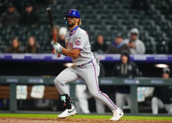MJ Melendez rips a single during the Mets' win over the Rockies on May 6, 2026 in Denver.