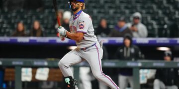 MJ Melendez rips a single during the Mets' win over the Rockies on May 6, 2026 in Denver.
