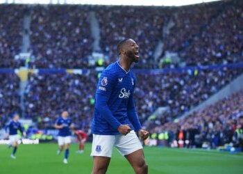 Everton's Beto celebrates scoring a goal.