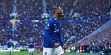 Everton's Beto celebrates scoring a goal.