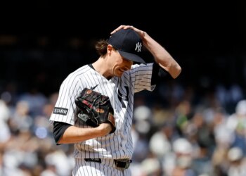 New York Yankees pitcher Max Fried reacts on the mound during the fifth inning.