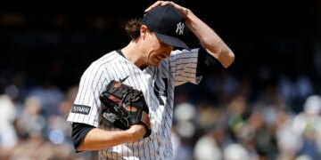 New York Yankees pitcher Max Fried reacts on the mound during the fifth inning.