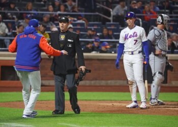 New York Mets manager Carlos Mendoza (64) and New York Mets right fielder Brett Baty (7) argue the use of a ABS call during the sixth inning when the New York Mets played the Detroit Tigers on Wednesday, May 13, 2026 at Citi Field in Queens, NY.