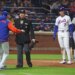 New York Mets manager Carlos Mendoza (64) and New York Mets right fielder Brett Baty (7) argue the use of a ABS call during the sixth inning when the New York Mets played the Detroit Tigers on Wednesday, May 13, 2026 at Citi Field in Queens, NY.