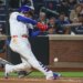 New York Mets left fielder Juan Soto (22) fouls a ball off his right foot.on a swing during the third inning when the New York Mets played the Detroit Tigers Wednesday, May 13, 2026 at Citi Field in Queens, NY.