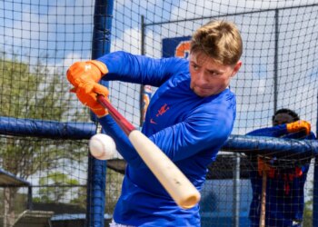 A.J. Ewing of the New York Mets batting during spring training.