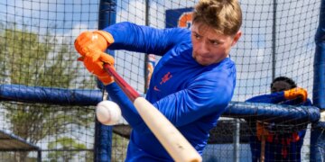 A.J. Ewing of the New York Mets batting during spring training.