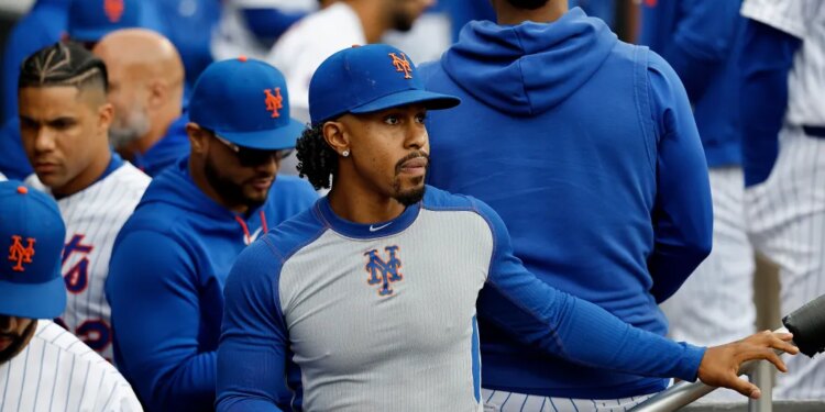 New York Mets player Francisco Lindor in the dugout.