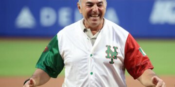John Franco smiling after throwing out the first pitch.