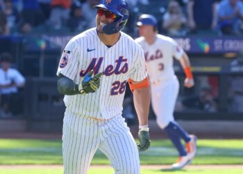 Mets outfielder Tyrone Taylor reacts after hitting a game-tying, three-run home run in the ninth inning against the Yankees on May 17, 2026.