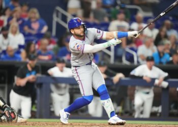 Bo Bichette strikes out swinging during the sixth inning of a baseball game against the Miami Marlins, Saturday, May 23, 2026, in Miami.
