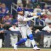 Bo Bichette strikes out swinging during the sixth inning of a baseball game against the Miami Marlins, Saturday, May 23, 2026, in Miami.
