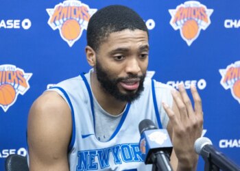 Mikal Bridges talks with reporters during Knicks practice on May 27, 2026 in Tarrytown, N.Y.