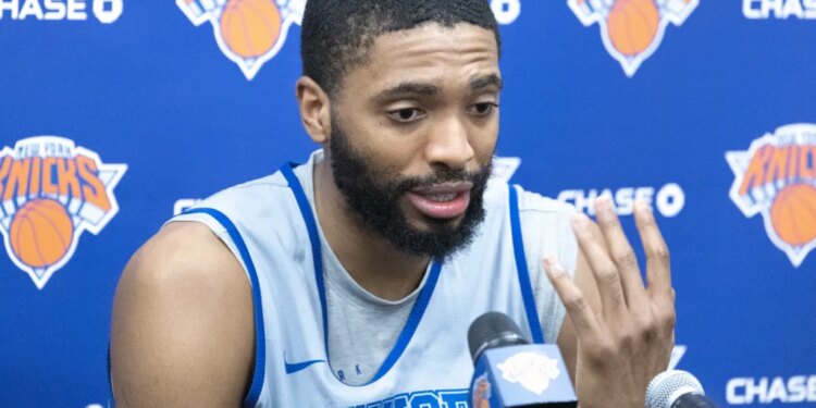 Mikal Bridges talks with reporters during Knicks practice on May 27, 2026 in Tarrytown, N.Y.