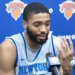 Mikal Bridges talks with reporters during Knicks practice on May 27, 2026 in Tarrytown, N.Y.