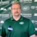 Jets general manager Mike Maccagnan speaks to the media at training camp.