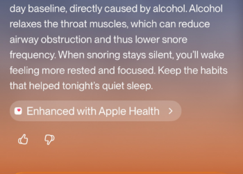 Screenshot of the Eight Sleep app that reads “Looks like snoring disappeared last night. Your Snore % was 0%, down 100% from your 7-day baseline, directly caused by alcohol. Alcohol relaxes the throat muscles, which can reduce airway obstruction and thus lower snore frequency. When snoring stays silent, you’ll wake feeling more rested and focused. Keep the habits that helped tonight’s quiet sleep.”