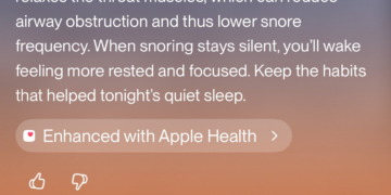 Screenshot of the Eight Sleep app that reads “Looks like snoring disappeared last night. Your Snore % was 0%, down 100% from your 7-day baseline, directly caused by alcohol. Alcohol relaxes the throat muscles, which can reduce airway obstruction and thus lower snore frequency. When snoring stays silent, you’ll wake feeling more rested and focused. Keep the habits that helped tonight’s quiet sleep.”