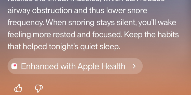 Screenshot of the Eight Sleep app that reads “Looks like snoring disappeared last night. Your Snore % was 0%, down 100% from your 7-day baseline, directly caused by alcohol. Alcohol relaxes the throat muscles, which can reduce airway obstruction and thus lower snore frequency. When snoring stays silent, you’ll wake feeling more rested and focused. Keep the habits that helped tonight’s quiet sleep.”