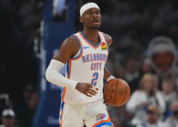 Oklahoma City Thunder guard Shai Gilgeous-Alexander (2) moves on court in the first half of Game 5 in the Western Conference finals NBA basketball playoffs series against the San Antonio Spurs, Tuesday, May 26, 2026, in Oklahoma City. (AP Photo/Julio Cortez)