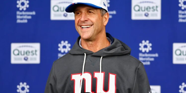 New York Giants head coach John Harbaugh answers questions from reporters during football practice, Saturday, May 9, 2026, in East Rutherford, N.J.