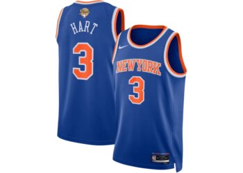 Front and back of a blue New York Knicks jersey with "HART" and the number "3" in orange and white.