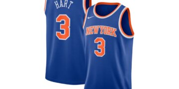 Front and back of a blue New York Knicks jersey with "HART" and the number "3" in orange and white.