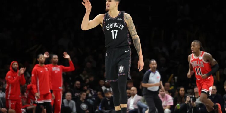 Michael Porter Jr. #17 of the Brooklyn Nets reacts after scoring during the third quarter.