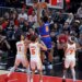 New York Knicks forward Og Anunoby (8) slams the ball during a game against the Atlanta Hawks.