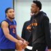OG Anunoby slaps hands with Miles McBride during Knicks' practice on May 13, 2026 at the team's training facility in Tarrytown, N.Y.