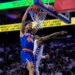 Landry Shamet slams home a dunk past Tyrese Maxey during the Knicks' Game 3 win over the 76ers.