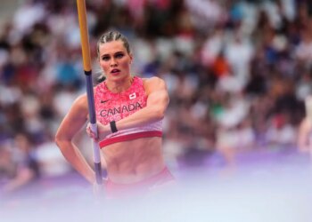 Alysha Newman competing in the women's pole vault at the 2024 Summer Olympics.