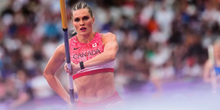 Alysha Newman competing in the women's pole vault at the 2024 Summer Olympics.