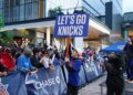 New York Knicks fans reacting to plays during game 2 of the New York Knicks vs. the Philadelphia 76ers Conference Semi-Finals outside of Madison Square Garden in New York, NY on May 6, 2026.
