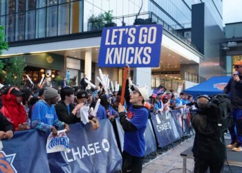New York Knicks fans reacting to plays during game 2 of the New York Knicks vs. the Philadelphia 76ers Conference Semi-Finals outside of Madison Square Garden in New York, NY on May 6, 2026.