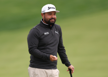 JJ Spaun on the thirteenth hole during a practice round of the PGA Championship golf tournament at Aronimink Golf Club.