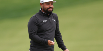 JJ Spaun on the thirteenth hole during a practice round of the PGA Championship golf tournament at Aronimink Golf Club.