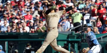 Fernando Tatis Jr. hitting a home run.
