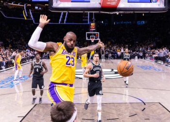 LeBron James of the Los Angeles Lakers slams the ball during the first half at Barclays Center, Tuesday, Feb. 3, 2026, in Brooklyn, NY.